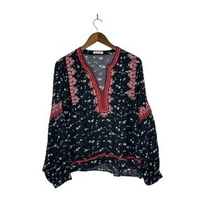 Ulla Johnson Size 8 Lida 100% Silk Embroidered Blouse in Navy and Maroon